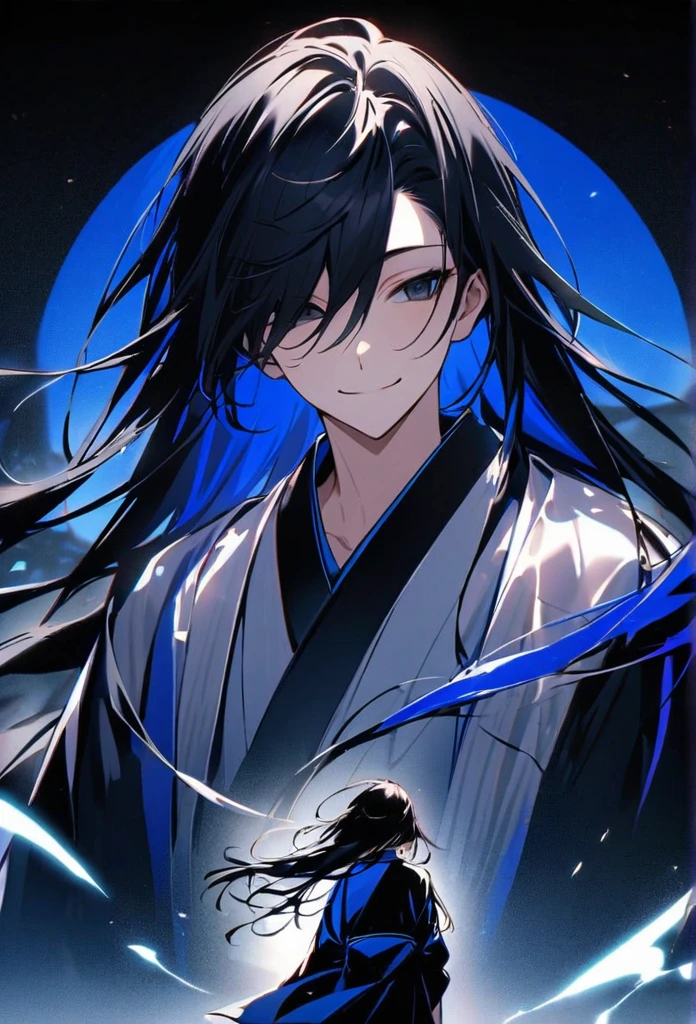Japanese。male。Sharp black Eye。Strong features。Smile a little。Very long black hair。Plain blue kimono(Dressed in kimono)。A strong wind blows my hair back。Cover your eyes with hair。The background is blue light。Stand up straight。