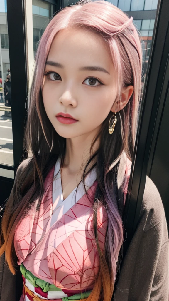 Cute Japanese woman, (16 years old), (Very cute face: 1.3), White and moisturized skin,
BREAK,
Fighter, Kung Fu fighter, Idol,
BREAK,
(Wearing cute kimono: 1.3), (Very revealing kimono), Very large earrings, Short length,
BREAK,
(Long hair), (Gray hair), (Wavy hair), (Gradient pink hair: 1.3), (Red hair at the ends),
BREAK,
(Realistic: 1.3), Masterpiece, Perfect lighting, (Ultra high resolution), (8K), (Very detailed: 1.4), (From the front), Looking at the camera, Melancholic expression, (Full body),
BREAK,
(Japanese city streets: 1.2), (Great fire in the background),
BREAK,
(Demon Slayer: 1.4),
BREAK,
(Hellfire: 1.2), Demon,