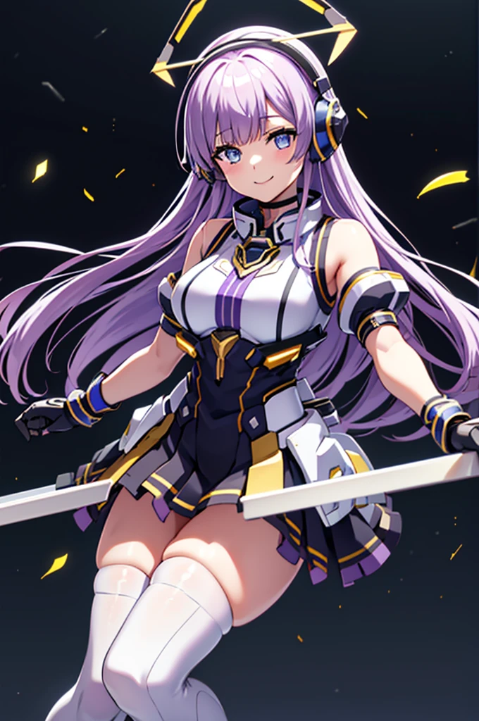 mecha wings、Black and yellow skirt、Accentuated thighs、White tights、chest、Beautiful light purple hair、1 girl、solo girl、Thick thighs、IS、Frame Arms Girl、Alice Gere Aegis、income、headphone、hand on own chest、smile、Idol Costume
