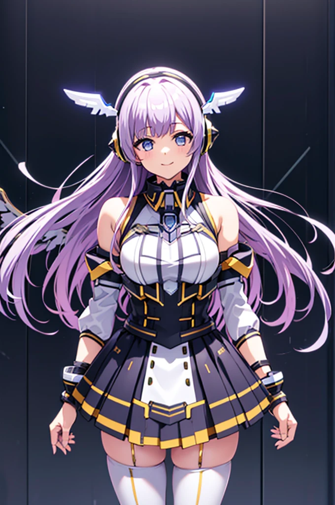 mecha wings、Black and yellow skirt、Accentuated thighs、White tights、chest、Beautiful light purple hair、1 girl、solo girl、Thick thighs、IS、Frame Arms Girl、Alice Gere Aegis、income、headphone、hand on own chest、smile、Idol Costume
