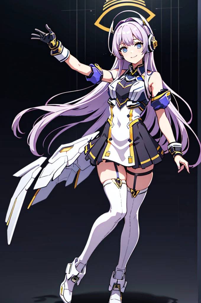 mecha wings、Black and yellow skirt、Accentuated thighs、White tights、chest、Beautiful light purple hair、1 girl、solo girl、Thick thighs、IS、Frame Arms Girl、Alice Gere Aegis、income、headphone、hand on own chest、smile、Idol Costume
