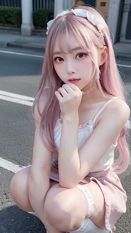 ((The photo shows her from the knees up.))、blush,Long white hair、Squat down、 open your legs、(())、,(White and light blue gothic lolita fashion),choker,loafers、Chest、Belly button、Hips、Street,(8k, RAW Photos, Highest quality, The pieces fly:1.2), (reality, Realistic:1.4), (非常に詳細な8k壁紙),  Sharp focus, Depth of written border, Cinema Lighting, Soft Light, Detailed beauty eyes,Asymmetrical bangs, Glowing Skin, Highly detailed skin ,High resolution, Attention to detail, Detailed hairstyle, Detailed beauty face, Hyper Real, Perfect limbs, Perfect Anatomy ,1 Japanese girl,Famous Japanese Idols, Perfect female body,A shy smile,Long eyelashes,double eyelid,Look straight here、Street,Stand up straight and face me,,look straight at me,,Small breasts