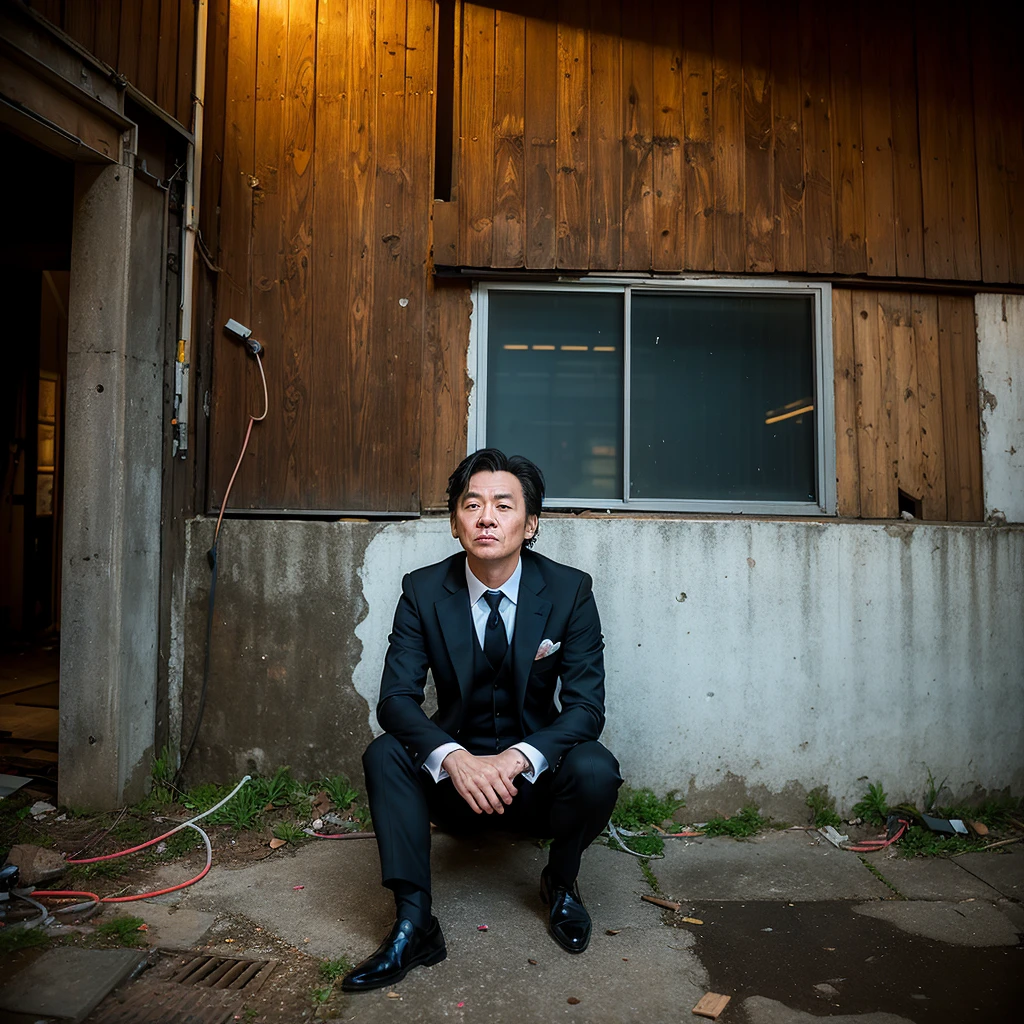 ((Highest quality)), ((masterpiece)), (detailed), One Man, White, A tired 35-year-old, Stubble, Black business suit, Dirty suit, night, (Neon Town:1.5), Alley, narrow street, (darkness:1.5), (Concrete ground:1.5), (Sitting on the ground:1.5), (Abandoned wooden house wall:1.5), (Leaning against the wall:1.5), (Looking down:1.5), (Term drooping:1.5), Drunk, Science fiction、Near future、