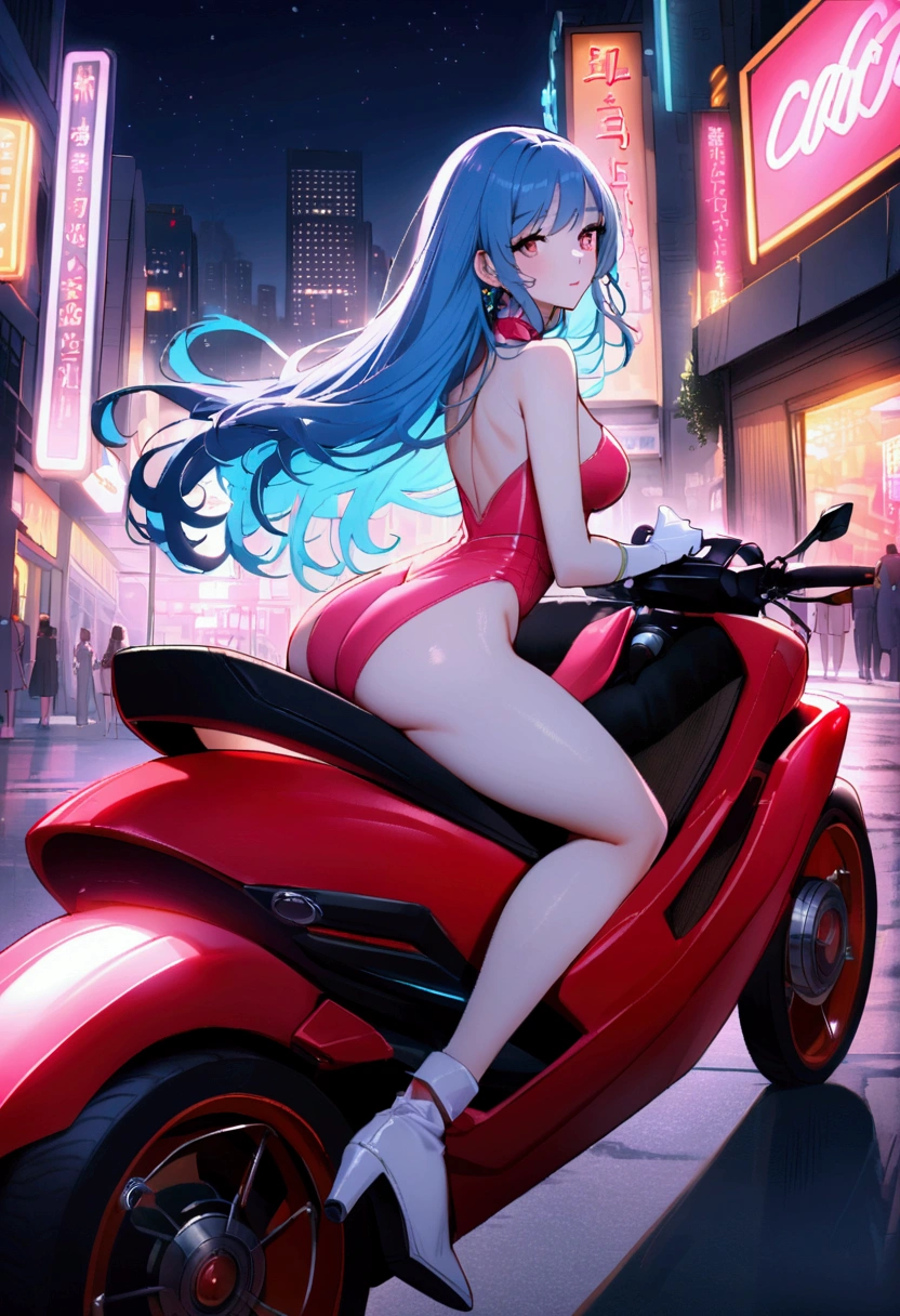 A captivating image of a stunning woman with long, blue hair, long hair,  good ass,  riding an elegant, futuristic red motorcycle. She is dressed in a pink leotard, long gray boots, white gloves, with a bold color palette and advanced technologies. In the background, the cityscape is illuminated by neon lights., creating a feeling of euphoria and adventure. The overall ambiance exudes charm and appeal., while the woman effortlessly attracts attention. In the sky you can see the full moon and the moonlight enhances its beauty.., cheered up, cinematographic, fashion