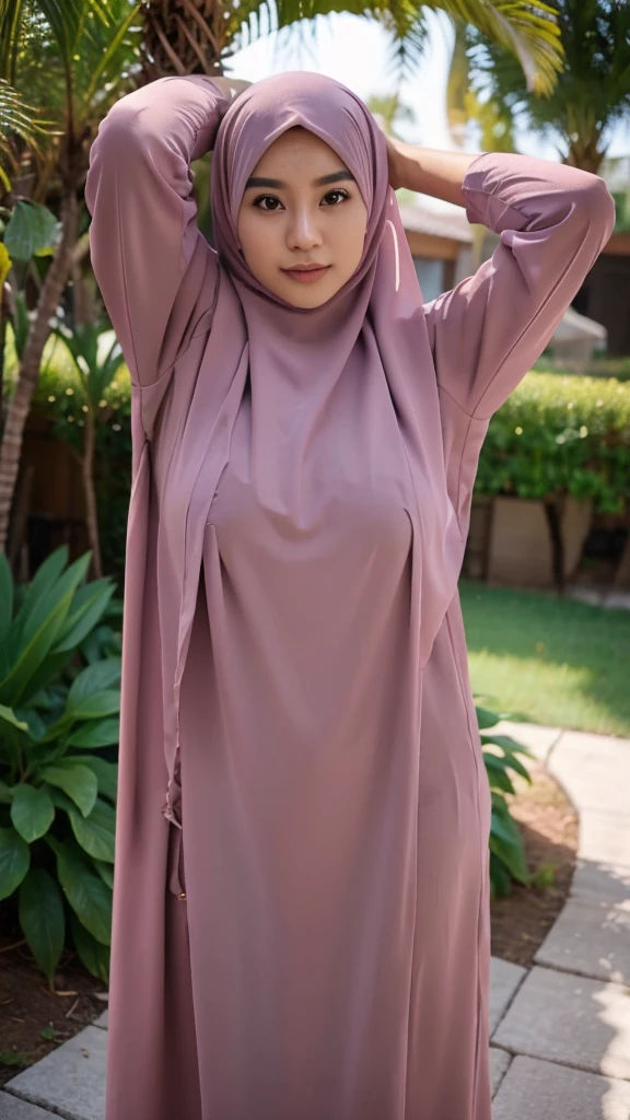 A beautiful Asian girl in a long hijab with tight and clearly visible breasts, With dark colored clothes, was raising both hands , and good quality images