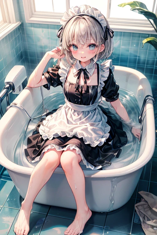 (Ultra high quality:1.6), (Highest quality:1.4), (Attention to detail:1.4), (Ultra-high resolution:1.6), (Detailed face), (Detailed eyes), Sparkling eyes, Bright Face, Looks fun, cute, The best smile, Best Anatomy, Gray Hair, (Maid clothes, White apron, Headband, Black Dress, ribbon, Maid clothes, Classic, Long:1.4), (白と黒のMaid clothes), お風呂に入るMaid clothes, (Bathing fully clothed:1.6), (Soaked from head to toe:1.6), Maid sunk up to her shoulders, natural, Submersion, Bathtub, Luxurious bathtub, Soak up to the shoulders, Would you like to join us?, Bathing assistance, 