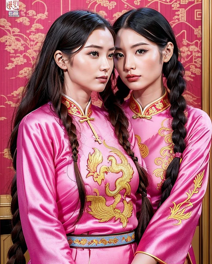 Hong Kong comic style，Beautiful woman，There are two small braids on the left and right sides of the long blond hair，Wearing a pink cheongsam，embroidered with phoenix pattern，Chinese imperial palace background。
