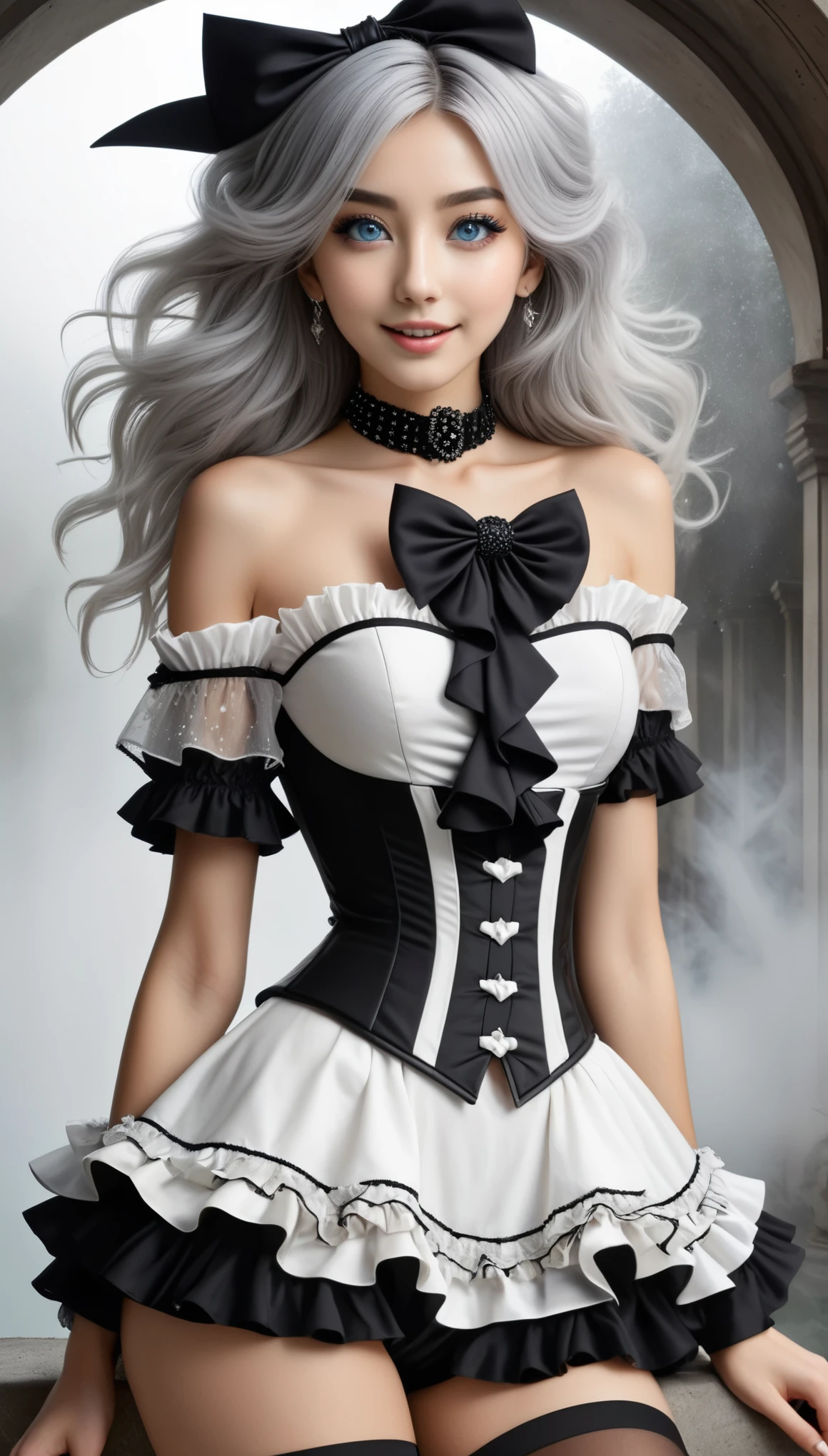 (masterpiece, Best Quality, hyper Detailed, hyper Realistic luna girl:1.3), BREAK beautiful Pretty Japanese ig model, (glamorous body:1.2), Happy, render of april, (all body shot, active pose:1.2), BREAK (Detailed wear, all body wear:1.2), Monochrome Pierrot Costume,
Opt for a fitted corset bodice with black and white diamond patterns, accentuating the waist, Layer with a ruffled, off-the-shoulder blouse in contrasting black and white hues, adorned with oversized bows for a whimsical touch,
BREAK
Pair with high-waisted black pants, featuring exaggerated ruffles or pleats for added volume and drama,
Accessorize with black and white striped stockings or tights, and patent leather ankle boots with oversized buckles for a modern twist on classic clown footwear, arranged gray hair, BREAK (Detailed medium breasts, Detailed bodyline, Detailed legs and calves), (very slim waist, firm large breasts, large buttocks, beautiful sexy legs:1.3), White and beautiful Silky skin, thin and short neck, (small head, small face), BREAK small head, Detailed face, cute and Pretty (slim oval shape face:1.3), wide Duck mouth, half open mouth, perfectly aligned teet, perfect beautiful Tooth, blue eyes, half open eyes, shiny Droopy eyes, gray hair, looking other, (in a concrete, fog, mist, steem),