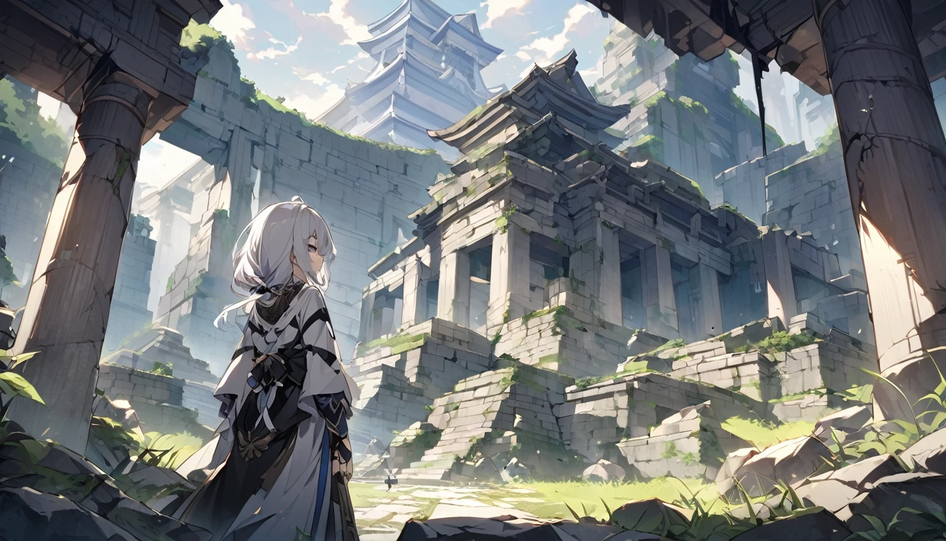 mysterious。White Hair Girl。Detailed Background。古代のmysteriousな武器を手にするWhite Hair Girlが、The scene where he tries to release his power。In the background are ancient temples and ruins。