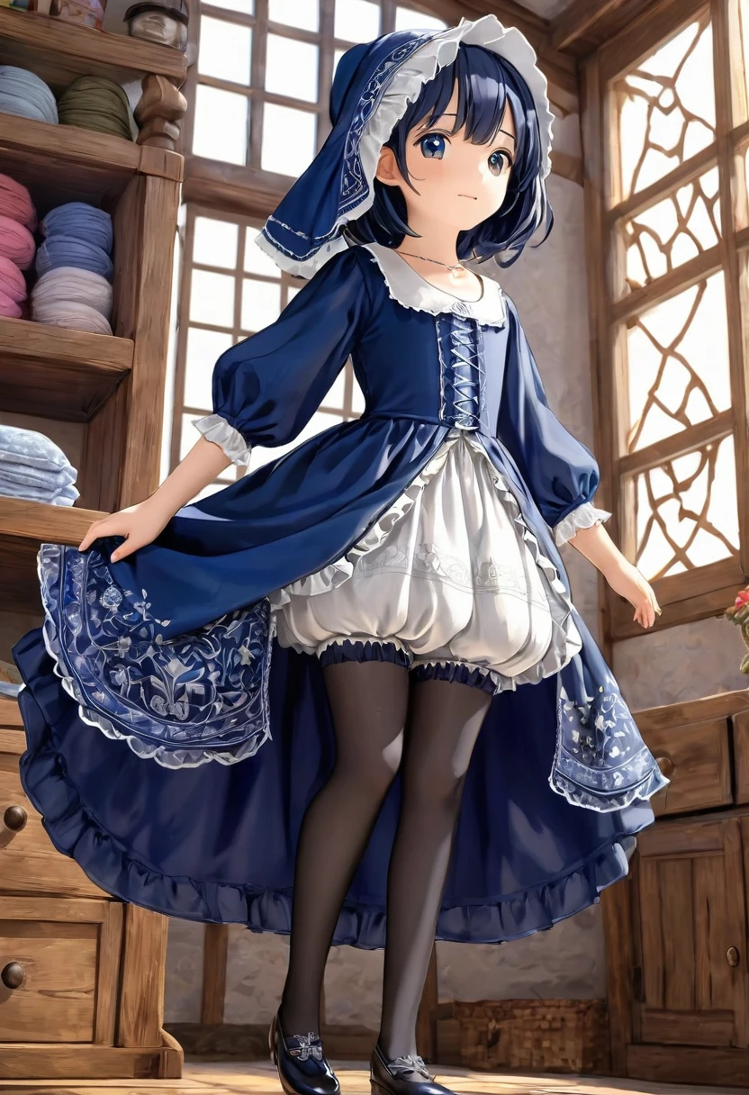 10 year old girl underwear, Realistic panties and bloomers made from patterned cotton fabric, A vibrant dark blue one-piece medieval dress with white embroidery and panniers, Fabric Realism, Low - Angle, You can see the drawer, Pull up the dress by hand, Strong winds, Translucent slip, Translucent slip, tights, Highest quality, Crotch close-up, whole body, Skirt lining
