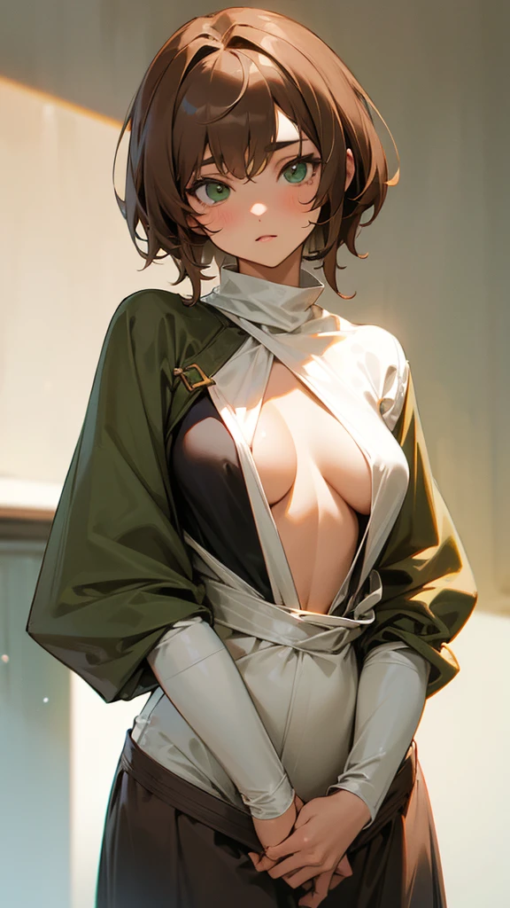 A girl with short fluffy light brown hair, dark green eyes, not so big breasts, pretty and little uncovered clothes.