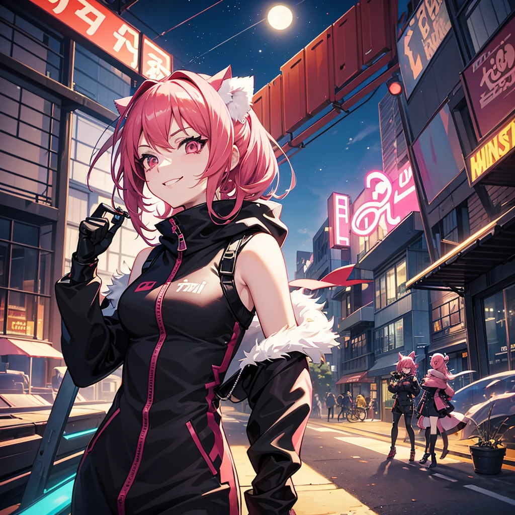 A playful anime-style character with vibrant pink hair and cat ears, wearing stylish black sunglasses. She is dressed in a sleek black bodysuit with red accents and a matching scarf. In one hand, she confidently holds a toy gun, while she poses with a cheeky smile, pointing with her other hand. The background features a warehouse setting with shelves stacked with boxes, illuminated by a bright full moon overhead, creating a dynamic and adventurous atmosphere. High-quality digital art, vibrant colors, and sharp detail.