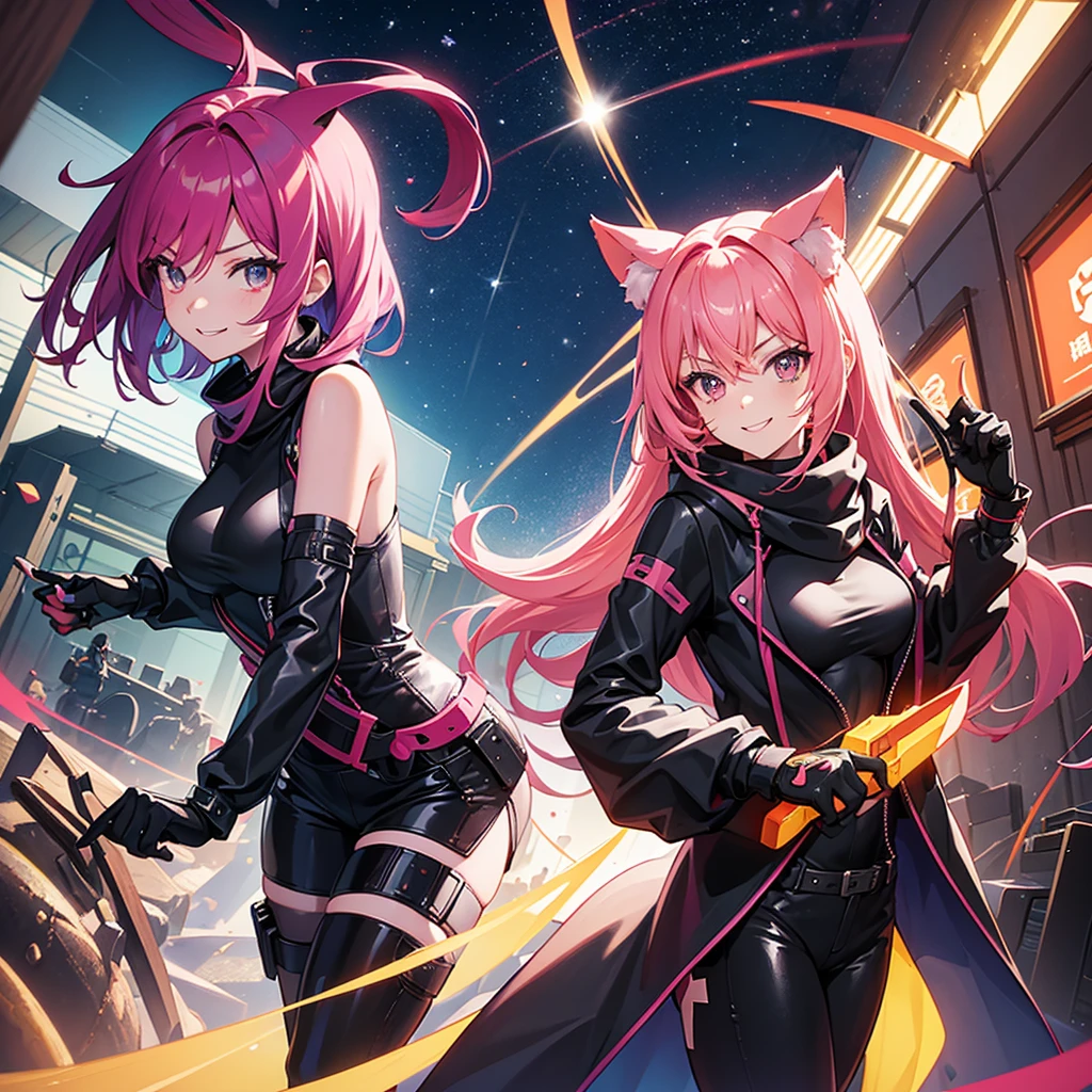 A playful anime-style character with vibrant pink hair and cat ears, wearing stylish black sunglasses. She is dressed in a sleek black bodysuit with red accents and a matching scarf. In one hand, she confidently holds a toy gun, while she poses with a cheeky smile, pointing with her other hand. The background features a warehouse setting with shelves stacked with boxes, illuminated by a bright full moon overhead, creating a dynamic and adventurous atmosphere. High-quality digital art, vibrant colors, and sharp detail.