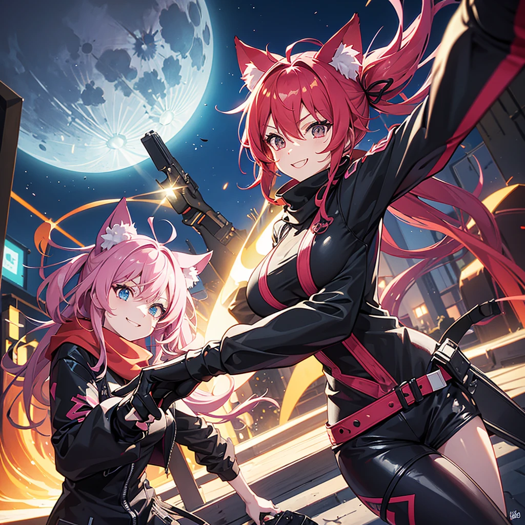 A playful anime-style character with vibrant pink hair and cat ears, wearing stylish black sunglasses. She is dressed in a sleek black bodysuit with red accents and a matching scarf. In one hand, she confidently holds a toy gun, while she poses with a cheeky smile, pointing with her other hand. The background features a warehouse setting with shelves stacked with boxes, illuminated by a bright full moon overhead, creating a dynamic and adventurous atmosphere. High-quality digital art, vibrant colors, and sharp detail.