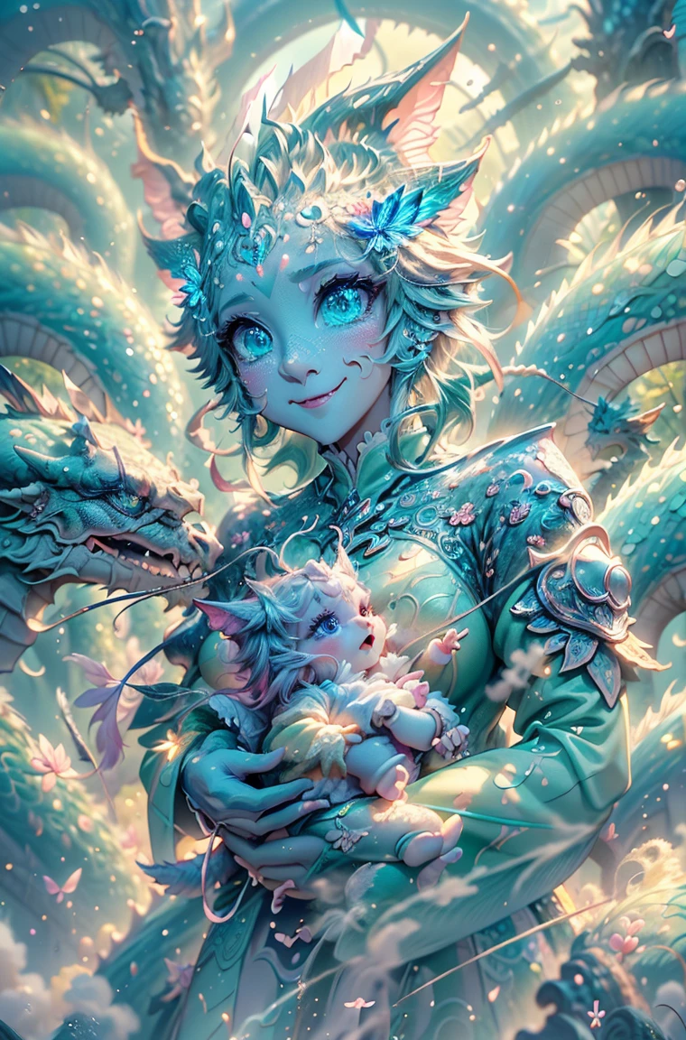 cute baby pink Dragon with mesmerizing feature butterfly ethereal wings masterpiece, top quality, best quality, official art, beautiful and aesthetic:1.2), (1dragon), extreme detailed,(fractal art:1.3), colorful, highest detailed, (masterpiece, best quality:1.3) 1 bright-amber, blue, green cat like-eyes, professional digital painting, Unreal Engine 5. playful teasing expression, finely detailed eyes, happy mood, epic scene, epic composition, Cinematic Lighting, Volumetric Lighting, ethereal light, intricate details, extremely detailed volumetric rays. oil painting, Detailed facial features, Sunlight, bright colors, dramatic lighting, expressive eyes, High Resolution, 4K quality, Photorealistic