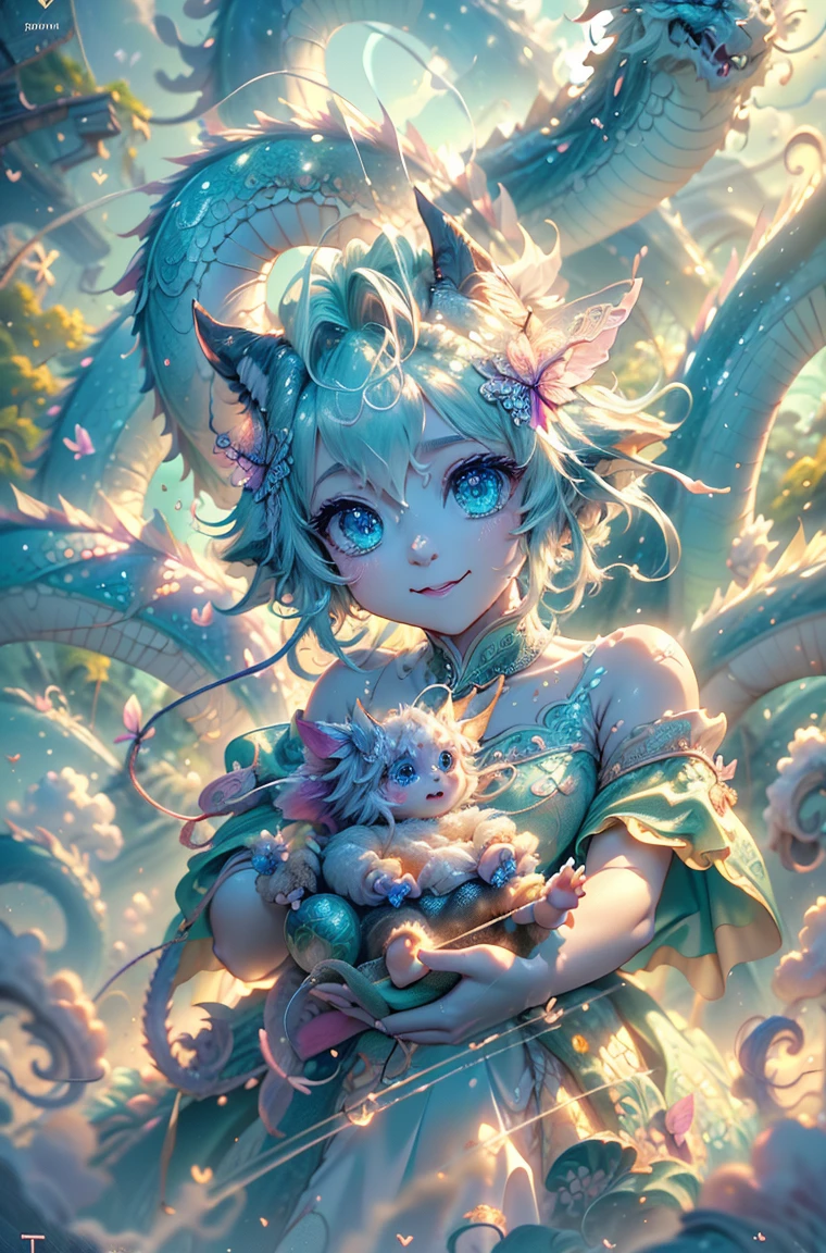 cute pink Dragon with mesmerizing feature butterfly ethereal wings masterpiece, top quality, best quality, official art, beautiful and aesthetic:1.2), (1dragon), extreme detailed,(fractal art:1.3), colorful, highest detailed, (masterpiece, best quality:1.3) 1 bright-amber, blue, green cat like-eyes, professional digital painting, Unreal Engine 5. playful teasing expression, finely detailed eyes, happy mood, epic scene, epic composition, Cinematic Lighting, Volumetric Lighting, ethereal light, intricate details, extremely detailed volumetric rays. oil painting, Detailed facial features, Sunlight, bright colors, dramatic lighting, expressive eyes, High Resolution, 4K quality, Photorealistic