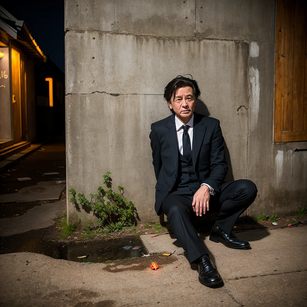 ((Highest quality)), ((masterpiece)), (detailed), One Man, White, A tired 35-year-old, Stubble, Black business suit, Dirty suit, night, (Neon Town:1.5), Alley, narrow street, (darkness:1.5), (Concrete ground:1.5), (Sitting on the ground:1.5), (Abandoned wooden house wall:1.5), (Leaning against the wall:1.5), (Looking down:1.5), (Term drooping:1.5), Drunk, Science fiction、Near future、