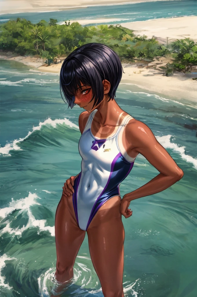 8k, high quality, ultra quality, ultra detailed, Absurd, BREAK 1人の***, 18_ years_ old, tomboy, BREAK (muscle:0.5), (Black Hair, Pixie Cut Tan, Sunburn lines, Dark skinned women, Dark Skin:1.3), (gigantic 胸), shiny hair, shiny skin, oily, BREAK ((competition swimsuit)), (pleased:1.2), (1girl standing, cowboy shot:1.3), (contrasted, One hand on hip:1.5), outside, beach, evening, (ass pov), (from above, high angle, looking ahead:1.5), 