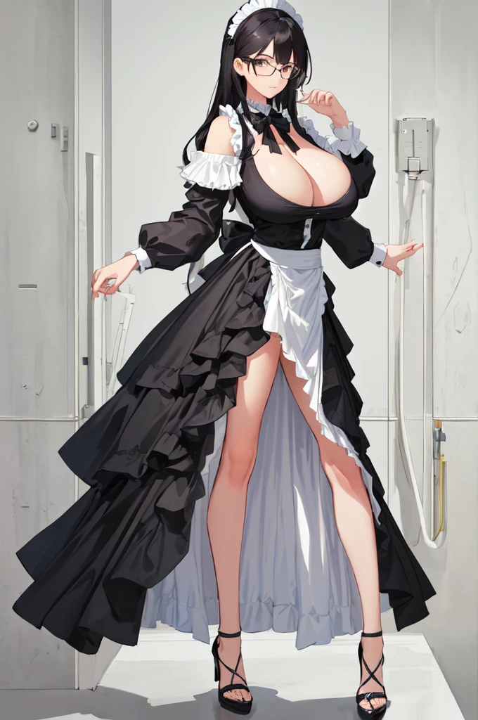 {{masterpiece}},high quality, 4K, 2D, 1 girl,{simple gray background},(attractive mature lady:1.5),milf,standing,sagging breasts,(gigantic breasts:1.5),maid,front face,{{tareme}},attractive mature lady,black hair, {from right in front of face and body},View viewers from front,{front facing shot},Wear glasses,(serious:0.1)