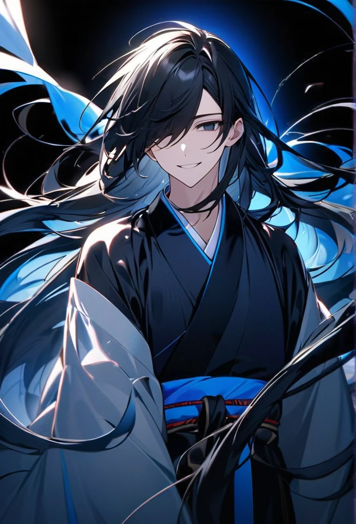 Japanese。male。Sharp black Eye。Strong features。Smile a little。Very long black hair。Plain blue kimono(Dressed in kimono)。A strong wind blows my hair back。Cover your eyes with hair。The background is blue light。Stand up straight。