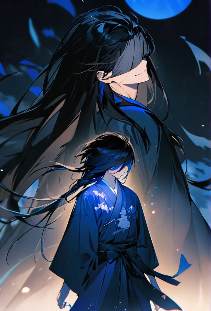 Japanese。male。Sharp black Eye。Strong features。Smile a little。Very long black hair。Plain blue kimono(Dressed in kimono)。A strong wind blows my hair back。Cover your eyes with hair。The background is blue light。Stand up straight。
