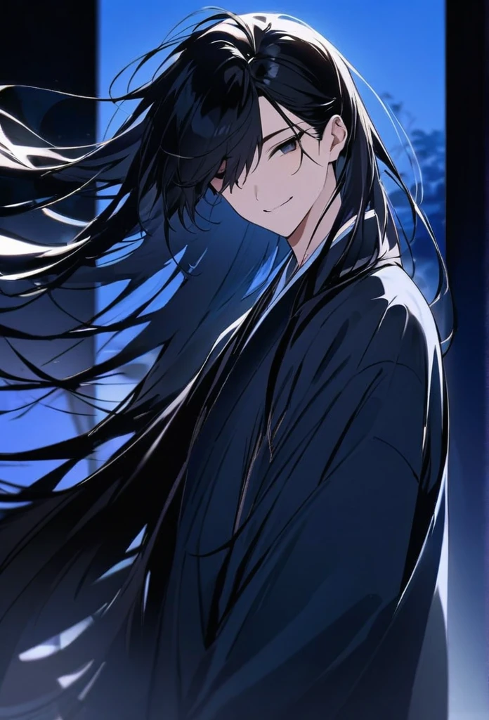 Japanese。male。Sharp black Eye。Strong features。Smile a little。Very long black hair。Plain blue kimono(Dressed in kimono)。A strong wind blows my hair back。Cover your eyes with hair。The background is blue light。Stand up straight。