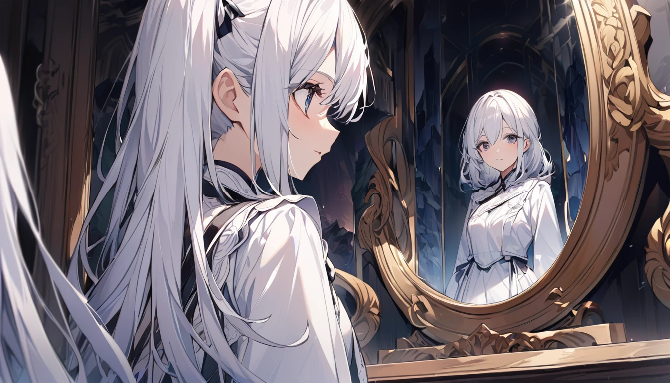 mysterious。White Hair Girl。Detailed Background。鏡の世界にいるWhite Hair Girlが、A scene where you face another version of yourself in the mirror。In the background, a mysterious landscape is reflected in the mirror.。