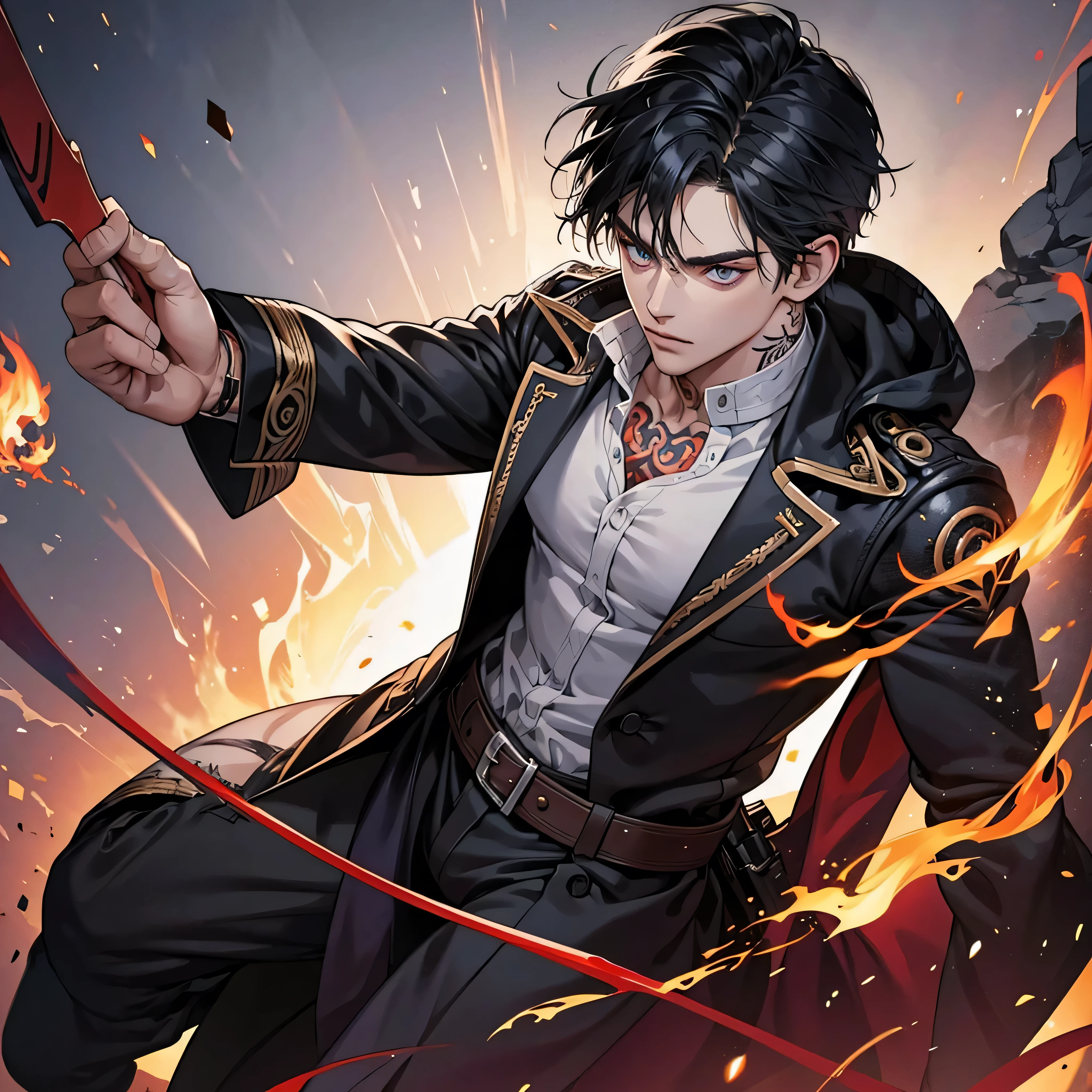 1 handsome magician, manly, handsome, weapon, tattoo, flame, demon slayer, 8k, hd, unreal engine,