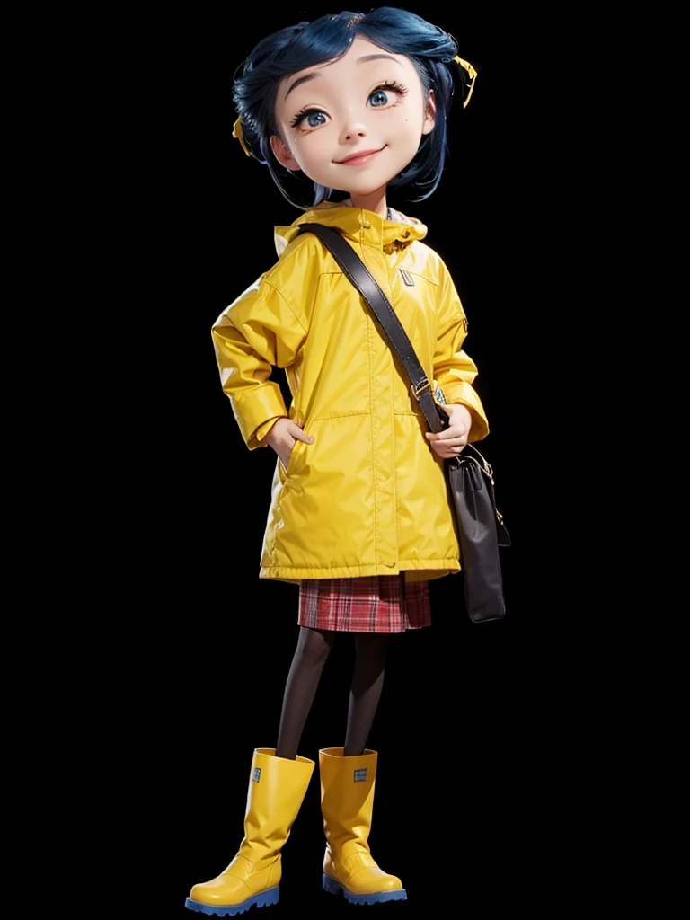 a beautiful , is happy smiling, with blue hair, with yellow coat, with yellow boots