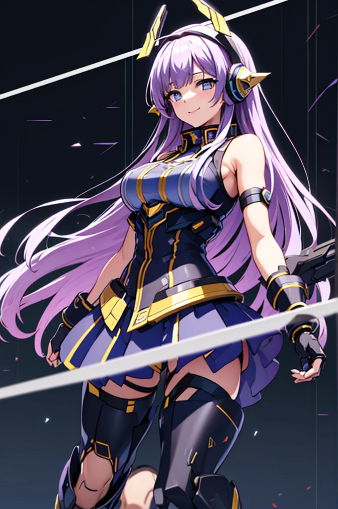 mecha wings、Black and yellow skirt、Accentuated thighs、tights、chest、Beautiful light purple hair、1 girl、solo girl、Thick thighs、IS、Frame Arms Girl、Alice Gere Aegis、income、headphone、hand on own chest、smile、Idol Costume