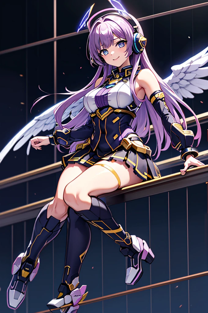 mecha wings、Black and yellow skirt、Accentuated thighs、tights、chest、Beautiful light purple hair、1 girl、solo girl、Thick thighs、IS、Frame Arms Girl、Alice Gere Aegis、income、headphone、hand on own chest、smile、Idol Costume