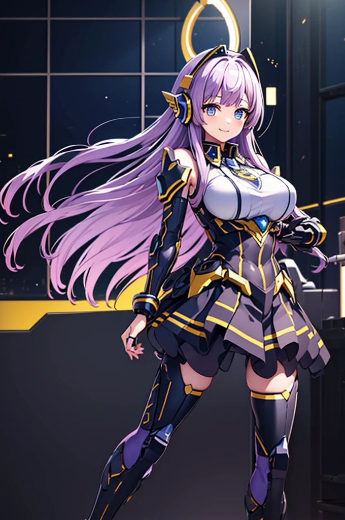 mecha wings、Black and yellow skirt、Accentuated thighs、tights、chest、Beautiful light purple hair、1 girl、solo girl、Thick thighs、IS、Frame Arms Girl、Alice Gere Aegis、income、headphone、hand on own chest、smile、Idol Costume