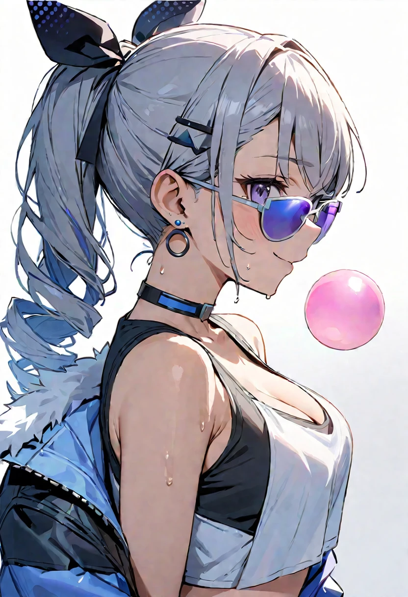 (masterpiece:1.2),Highest quality,Pixiv ,One girl,alone,View your viewers,smile,White background only,whole body,From the side,One knee,,Look to the side、white background only,silverwolf,shirt, hair ornaments, gloves, Cleavage, bare shoulders, jewelry, Medium chest, Jacket, Hair Ribbon, white shirt, Earrings, Open clothes, No sleeve, choker, black gloves, Hair Clip, fingerless gloves, Underarms, off shoulder, open Jacket, Crop top, No sleeve shirt, sunglasses, Wear glasses on your head, Bubble Blowing, chewing gum,Young girl,shoulder,Upper Body,hand holding Jacket,sweating,Heavy breathing,vapor,open Jacket,greasy shoulder,Inverted hair,Underarm,((greasy Underarm)),From the side, shoulder focus,Wet clothes,((Underarm focus)),bare shoulder,((Backlight)),((smooth Underarm)),、whole bodyを映す、No background