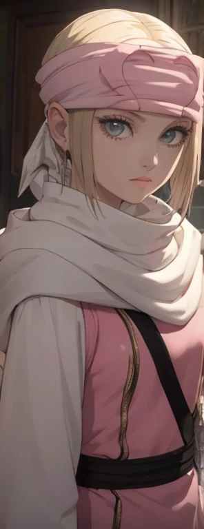 masterpiece), best quality, high resolution blonde 1girl bob cut medium hair standing alone cowl headband profile image looking at viewer beautiful eyes beautiful face extremely detailed pink clothing girly