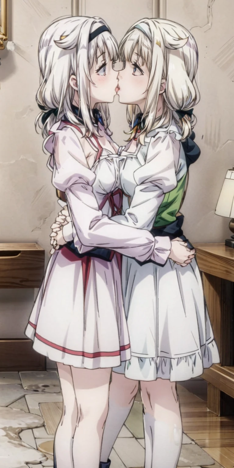 (Roxanne+ Rurushi Maid outfit) 2girls together, standing next to each other, holding hands and hugging each other, french kiss, kiss, add details, very detailed