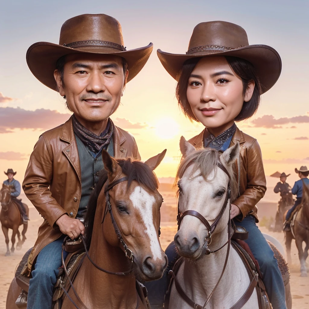 Realistic 3D caricature photo, 1 40 year old male of Chinese ethnicity and 1 40 year old female of Chinese ethnicity with very short hair riding on a horse with a cowboy era theme with a sunset in the American desert as a background. each mounted his own horse. both wore cowboy hats.