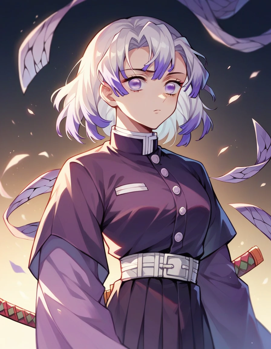 anime style "Kimetsu no yaiba" represents a girl with long straight white hair, with fringe, very striking violet eyes, He wears a dark purple hunter uniform and a pale purple kimono., He also has a katana, the environment is a dark forest