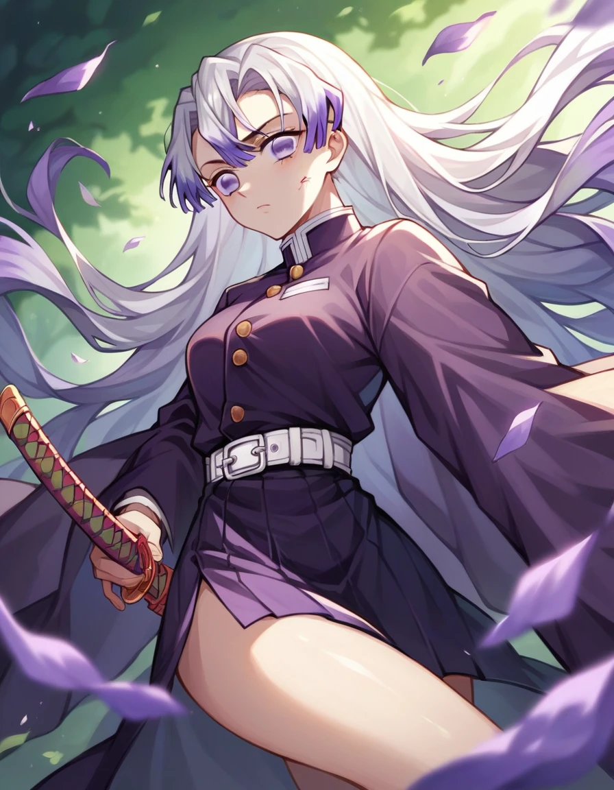 anime style "Kimetsu no yaiba" represents a girl with long straight white hair, with fringe, very striking violet eyes, He wears a dark purple hunter uniform and a pale purple kimono., He also has a katana, the environment is a dark forest