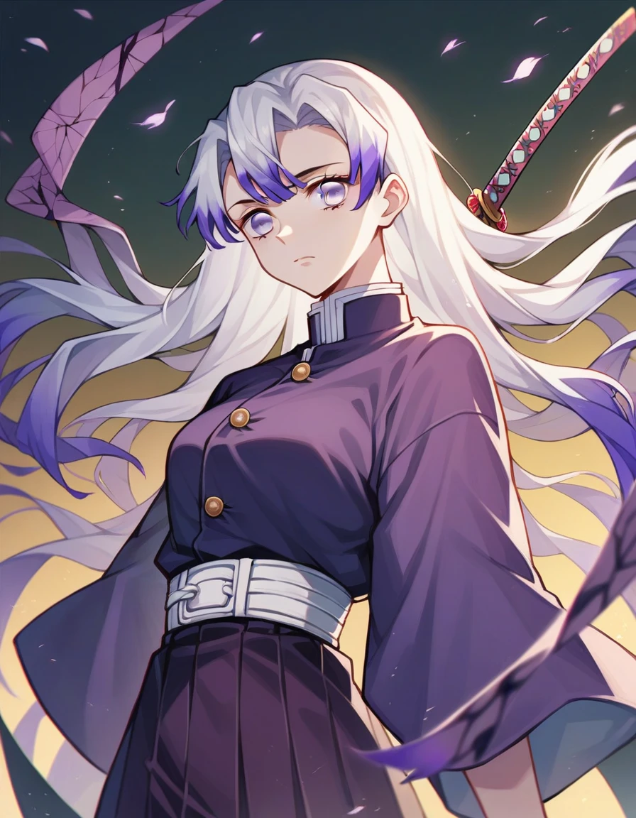 anime style "Kimetsu no yaiba" represents a girl with long straight white hair, with fringe, very striking violet eyes, He wears a dark purple hunter uniform and a pale purple kimono., He also has a katana, the environment is a dark forest