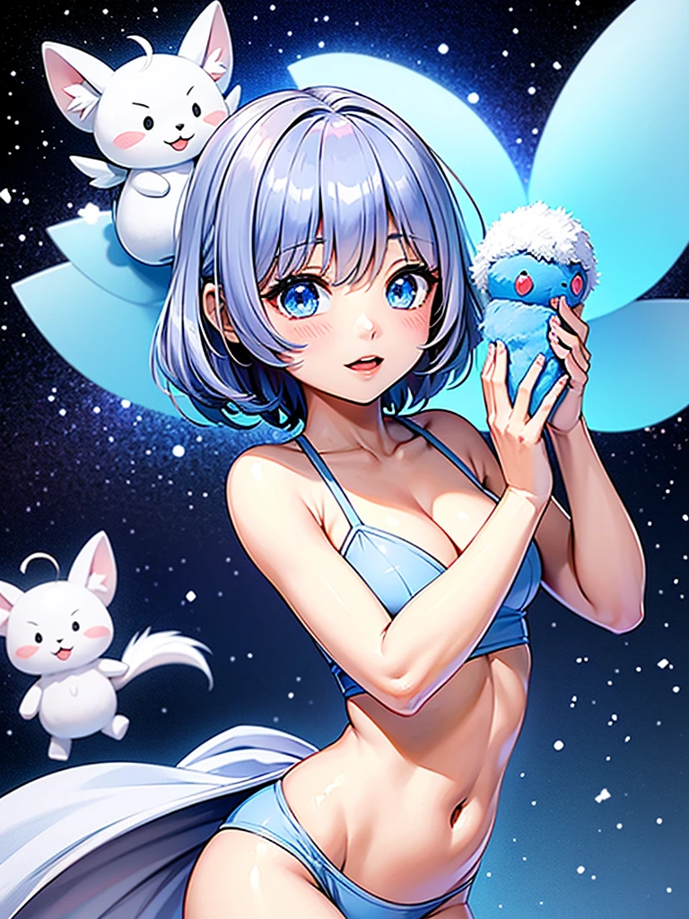Absurd、Unreal、Mascot character、Blue and white star fairy、fluffyでマルっとしてかわいい、a mysterious creature、fluffy、
