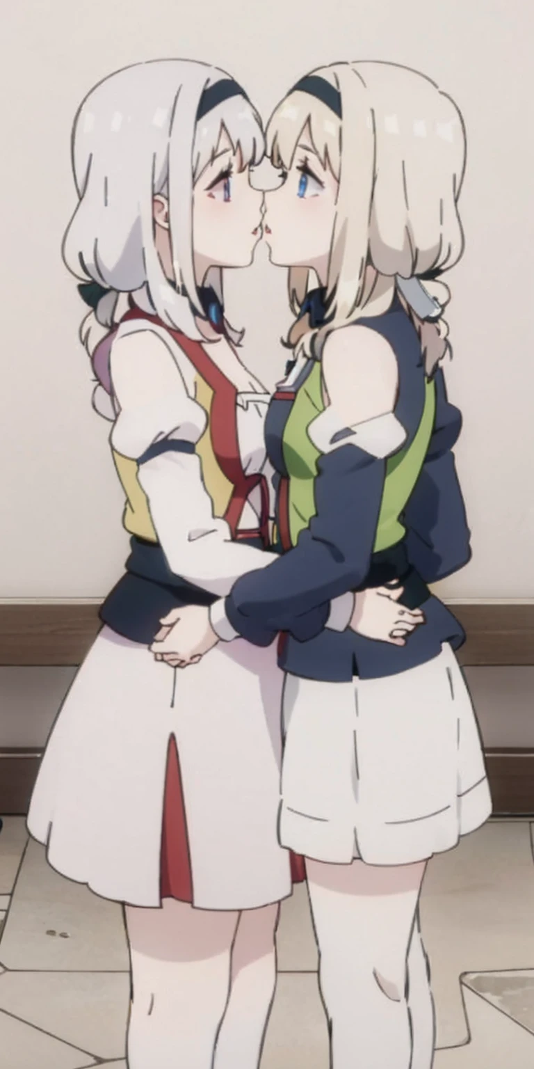 (Roxanne+ Rurushi Maid outfit) 2girls together, standing next to each other, holding hands and hugging each other, french kiss, kiss, add details, very detailed