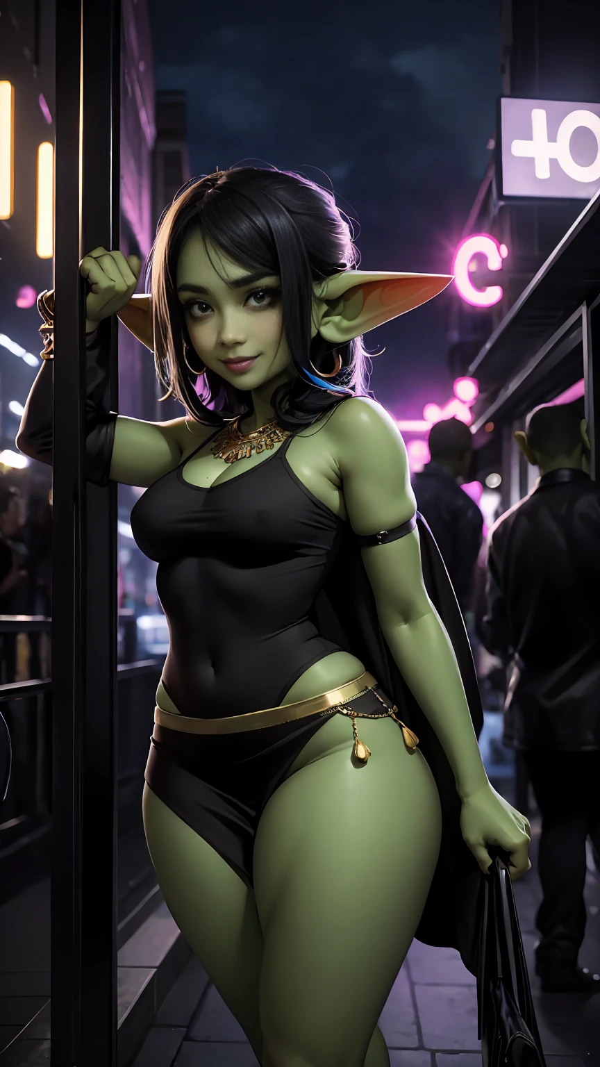 absurdrez, 1 girl, solo ((best quality)), ((masterpiece)), (detailed), 4k, green skin, tiny pointy ears, small ears, very very small goblin girl wearing revealing colorful arabian clothing, 3 feet tall, graceful, exotic, black hair, walking towards a backdoor entrance to a club, backdoor to nightclub, wearing colorful Arabian top and microskirt, jewelry, looking back at viewer, outdoors, evening, carrying a duffel bag on shoulder, carrying gym bag on shoulder, dynamic pose, outside of busy nightclub, outside of busy strip club, sexy smile, cinematic still, arabian jewelry, cowboy shot, microskirt