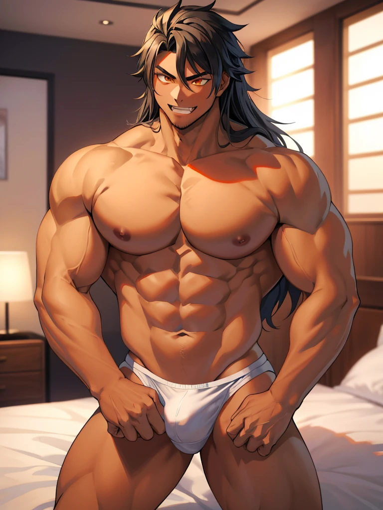  male boy bodybuilder posing sexy in his room, spoiled boy, arrogant attitud, femboy, indulged rich boy, anime style, rich boy, sexy thongs, erotic thongs, arrogant smiling, 23 years old, handsome, long hair, sexy haircut, mullet haircut, big & heavy muscle, big legs, defined body, topless, big fangs, sexy fangs, fangs, black hair, shirtless, abs, full body, extremely defined muscles, handomse, high quality, 4k, orange eyes, sexy look, sexy pose, bara, close up, heavy muscle, big muscles, ((best quality))), ((ultra-detailed))
