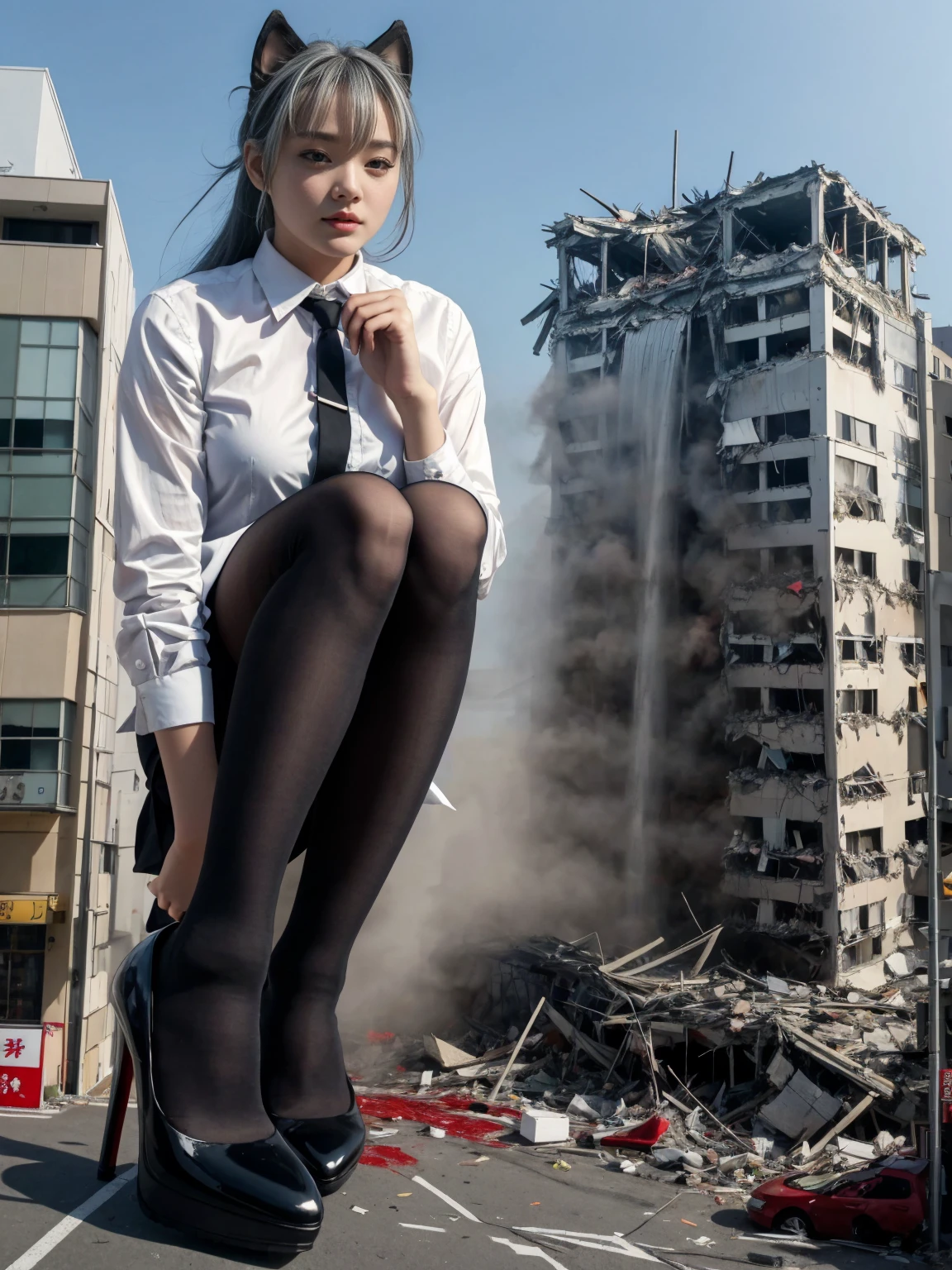 Tokyo, japan, giantess, Wolf's Ears, gray hair, red eyes, slightly frowning face, looking down, sky, transparent white shirt, black skirt, black stockings stockings sunlight, high heel, lift your feet, interruption, The building collapsed 1个Big tits girl, 16 years old, full body lesbian,girl 100 meters tall， bigger than the building,no shoes，white shirt and black jacket ，blue tie，gray hair color hair，wolf ears，Light red eyes，cold expression， Destroyed buildings, Destroyed buildings에 앉아，Put one foot in the car.，trampled to death，There was blood flowing on the ground，blood adhesions，The socks were stained with blood.，GTSC Cities, As a giant, bright eyes, smile, naughty face, 16,000, high quality, high details, anatomically correct, textured skin，Steam coming out of my feet，