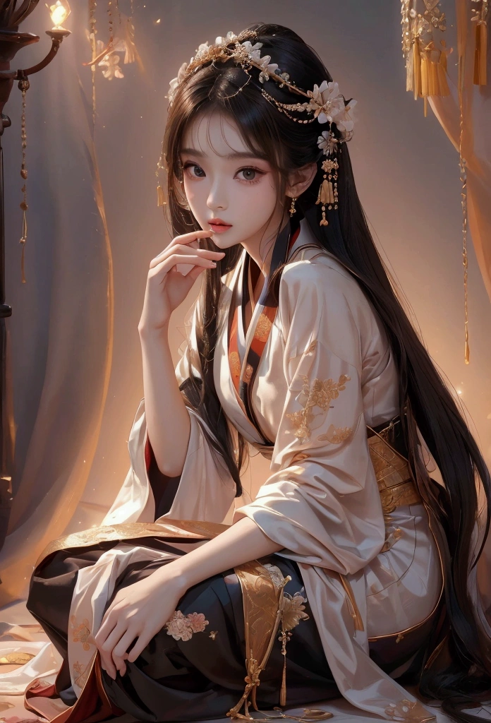Best image quality、8k、masterpiece:1.3))、Realistic high-quality photos、Highest quality、 Beautiful face、Photos of slim models、Beautiful girl model、Young and pretty face、Beautiful model girl、A lovely and delicate face、Black Hair、Beautiful brown eyes、Young Body、Hanfu, (emphasize)、from the front、Camera gaze,、Anatomically correct、胸の谷間をemphasize、whole body、13-year-old female model