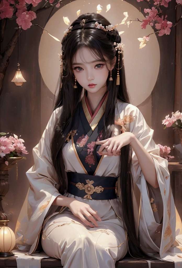 Best image quality、8k、masterpiece：1.3))、Realistic high-quality photos、Highest quality、 Beautiful face、Photos of slim models、Beautiful girl model、Young and pretty face、Beautiful model girl、A lovely and delicate face、Black Hair、Beautiful brown eyes、Young Body、Hanfu, (emphasize)、from the front、Camera gaze,、Anatomically correct、胸の谷間をemphasize、whole body、13-year-old female model