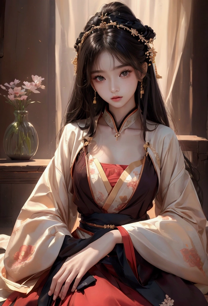 Best image quality、8k、masterpiece:1.3))、Realistic high-quality photos、Highest quality、 Beautiful face、Photos of slim models、Beautiful girl model、Young and pretty face、Beautiful model girl、A lovely and delicate face、Black Hair、Beautiful brown eyes、Young Body、Hanfu, (emphasize)、from the front、Camera gaze,、Anatomically correct、胸の谷間をemphasize、whole body、13-year-old female model