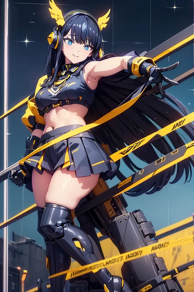 mecha wings、Black and yellow skirt、Accentuated thighs、tights、chest、Beautiful black hair、1 girl、solo girl、Thick thighs、IS、Frame Arms Girl、Alice Gere Aegis、income、headphone、hand on own chest、smile、Idol Costume