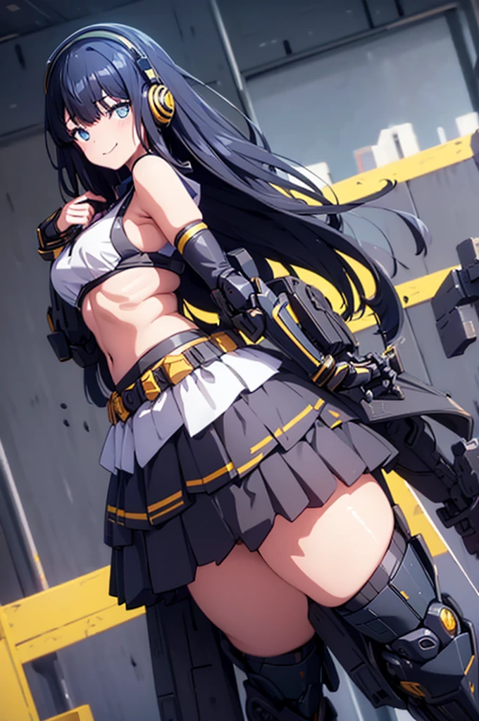 mecha wings、Black and yellow skirt、Accentuated thighs、tights、chest、Beautiful black hair、1 girl、solo girl、Thick thighs、IS、Frame Arms Girl、Alice Gere Aegis、income、headphone、hand on own chest、smile、Idol Costume