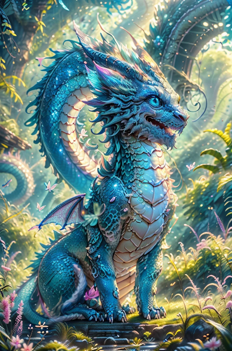 cute baby pink Dragon with mesmerizing feature butterfly ethereal wings masterpiece, top quality, best quality, official art, beautiful and aesthetic:1.2), (1dragon), extreme detailed,(fractal art:1.3), colorful, highest detailed, (masterpiece, best quality:1.3) 1 bright-amber, blue, green cat like-eyes, professional digital painting, Unreal Engine 5. playful teasing expression, finely detailed eyes, happy mood, epic scene, epic composition, Cinematic Lighting, Volumetric Lighting, ethereal light, intricate details, extremely detailed volumetric rays. oil painting, Detailed facial features, Sunlight, bright colors, dramatic lighting, expressive eyes, High Resolution, 4K quality, Photorealistic